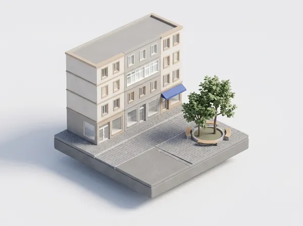 Symbolbild: Miniatur einer Innenstadtecke mit Läden im Erdgeschoss und Büros darüber