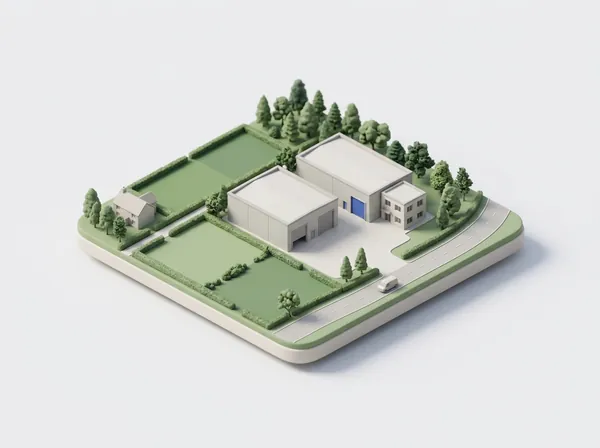 Symbolbild: Miniatur mit zwei Gewerbegebäuden und einem kleinen Bürohaus zwischen Feldern