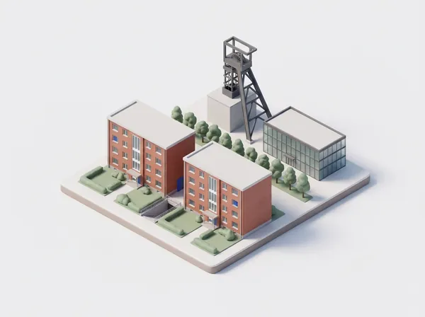 Symbolbild: Miniatur mit zwei Backsteinhäusern, einem Förderturm und einem Bürogebäude mit Glasfassade