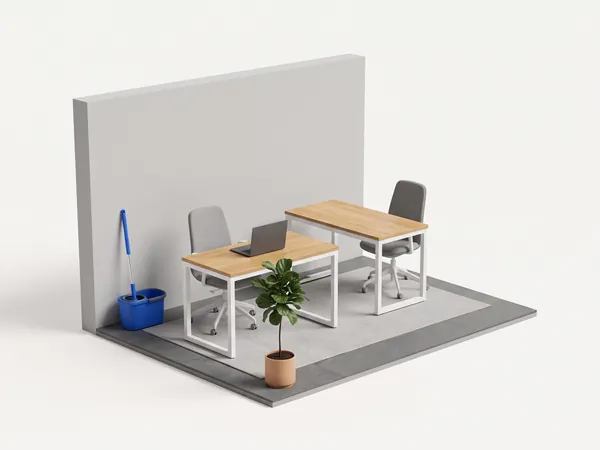 Symbolbild Büroreinigung: Miniatur eines Büros mit Schreibtischen
