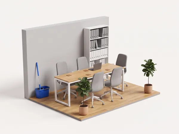 Symbolbild Kanzleireinigung: Miniatur eines Besprechungsraums mit Aktenregal
