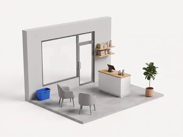 Symbolbild Geschäftsreinigung: Miniatur eines Ladenlokals mit Theke